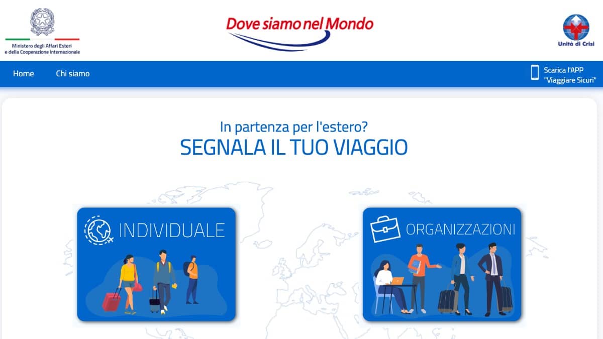Homepage di Dove Siamo nel Mondo della Farnesina con la scelta tra registrazione Individuale e Organizzazione