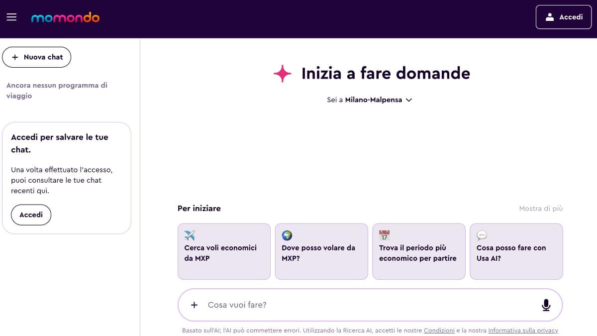 Usa l'assistente AI di Momondo per la ricerca di voli e idee di viaggio