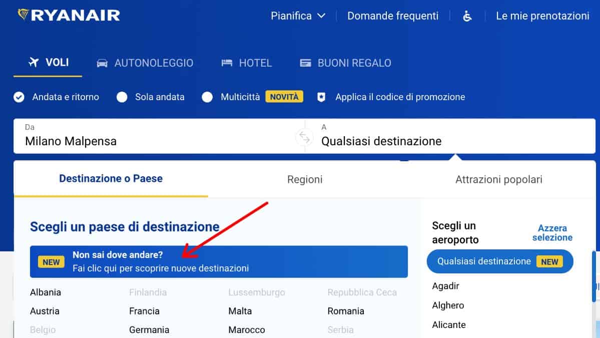 Non sai dove andare Ryanair
