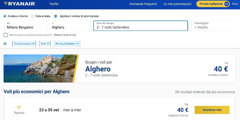 Ryanair Trova Tariffe calendario prezzi per giorno