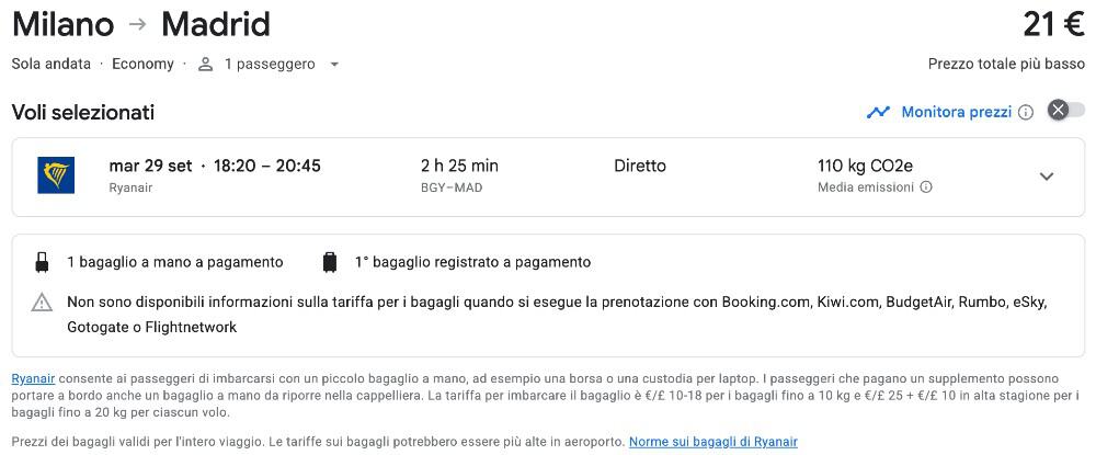 Pagina dei dettagli del volo trovato su Google Flights