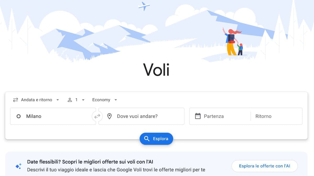 Come si presenta la schermata principale di Google Flights