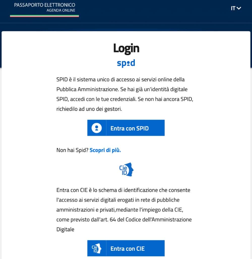 Richiesta con SPID o CIE tramite il portale Agenda Passaporto Online della Polizia di Stato