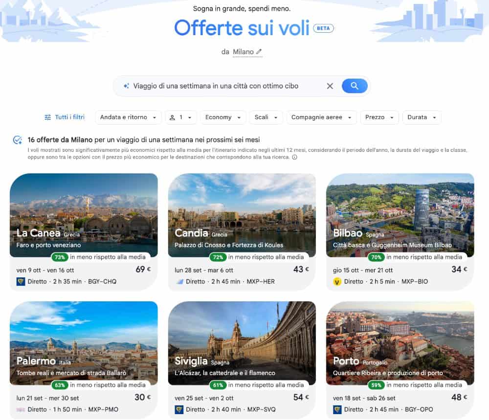 Ricerca voli Google con intelligenza artificiale