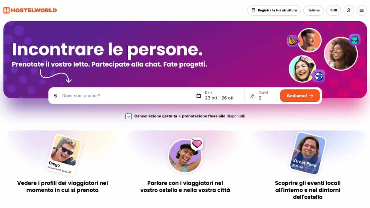 Come funziona Hostelworld, homepage e motore di ricerca per ostelli